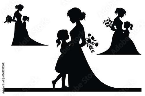 Three Silhouettes of Women and Girls Holding Flowers