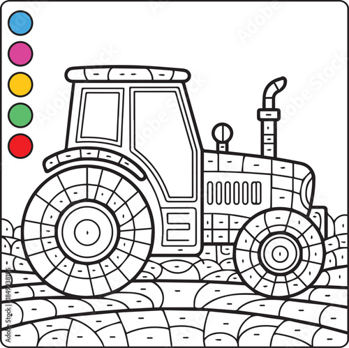 Color by number game activity book for kids, Cute tractor educational game for kindergarten children