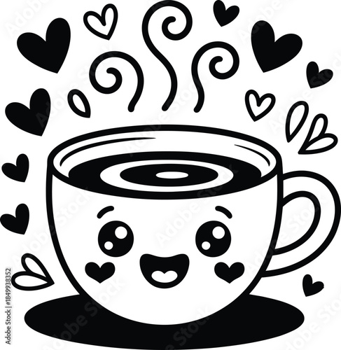Cute cartoon coffee cup with hearts isolated on.