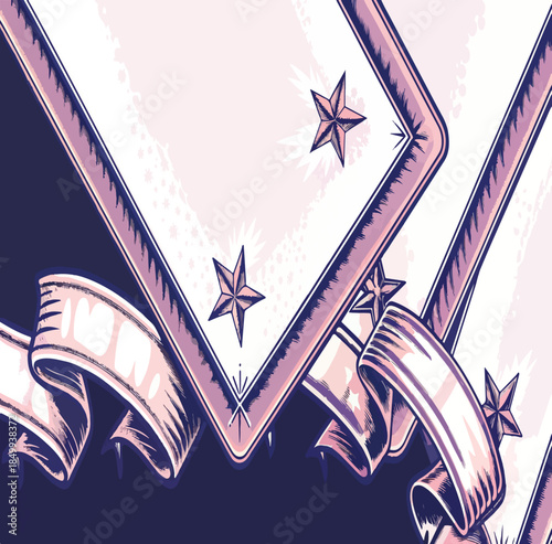Vintage Pink Star and Ribbon Banner Graphic with Retro Comic Style Elegant Decorative Frame with Shimmering Stars and Flowing Silk Ribbons Abstract Celebration Illustration with Pink Accents 