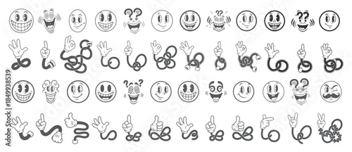 Funny 1930s Mascot Character Kit, Black and White Traditional Animated Heads and Pointing Hands.