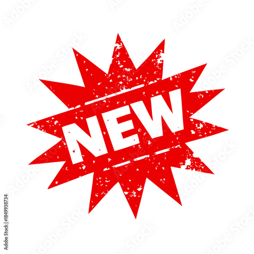 Vibrant red starburst symbol with bold new text indicating a product update