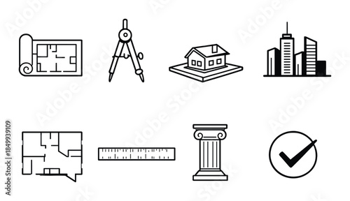 Architectural icons: blueprint, compass, house model, cityscape, floorplan, ruler, column, check mark