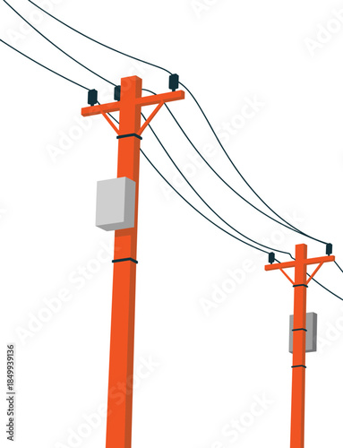 Utility poles with power lines, electrical infrastructure vector, transformer equipment, energy distribution system, industrial illustration for engineering, construction, and utility design