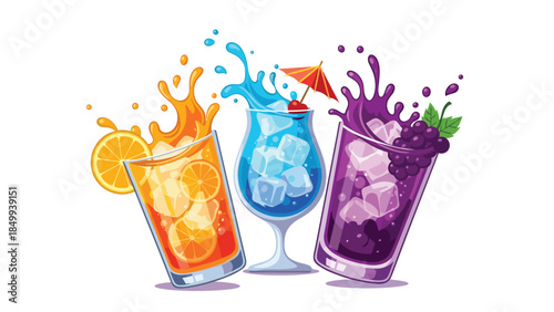 Vibrant assortment of colorful summer cocktails with fruit splashes and ice, perfect for a refreshing and festive occasion.