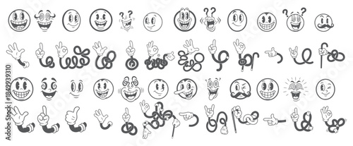 Retro Cartoon Comic Faces Set, Classic Animation Style Smiling Emoticon Kit with Gloves and Arms.
