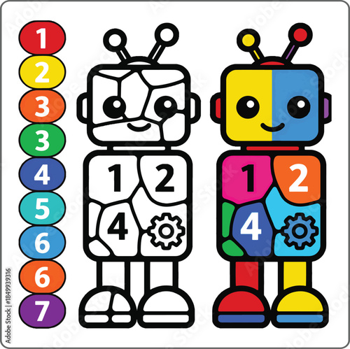 Color by number game activity book for kids, Cute robot educational game for kindergarten children