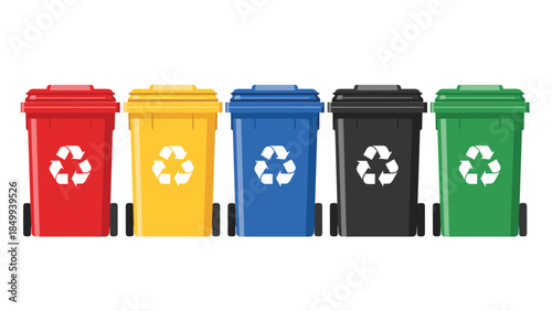 Colorful recycling bins representing waste separation and environmental consciousness stand in a row for efficient resource management.