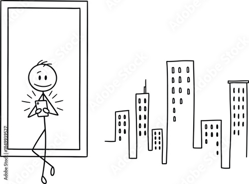 stick figure man taking selfie in front of city skyline