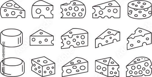 Assorted swiss cheese wedges and wheels in black outline