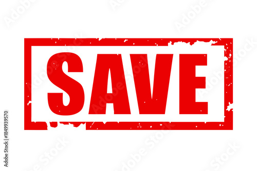 A prominent red rectangular stamp displaying the word SAVE with a distressed texture on a solid black background