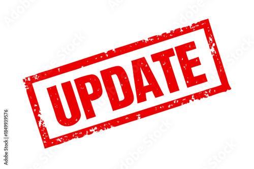A distressed red rectangular stamp featuring the word UPDATE with grunge texture on a black background
