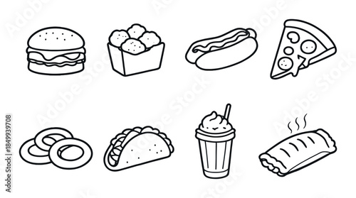 Variety of fast food icons on gray background