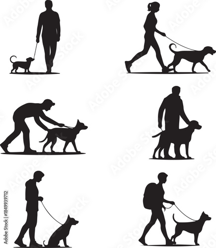 Dog Walking Silhouette Icon Set