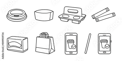 Simple coffee shop icons: lids, coffee carriers, napkins, and mobile apps