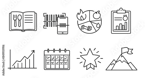 Illustrated icons of meal planning, shopping, and goal achievement
