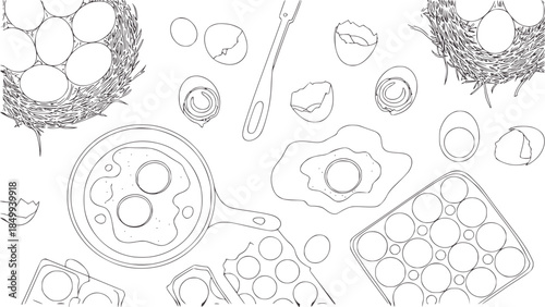 Black and white line of eggs cracking and cooking in a pan