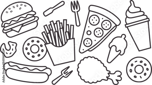 Black and white line of various fast food and utensils