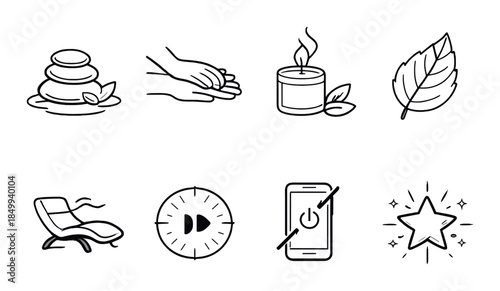 Calmness and relaxation icons featuring stones, hands, candle, leaf, recliner, compass, smartphone, star