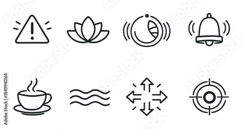 Minimalist icons: alert lotus moon bell coffee waves arrows target