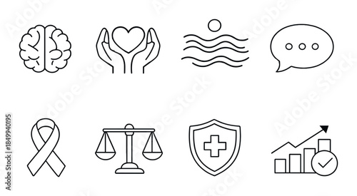 Set of health, wellness, and communication icons on gray background