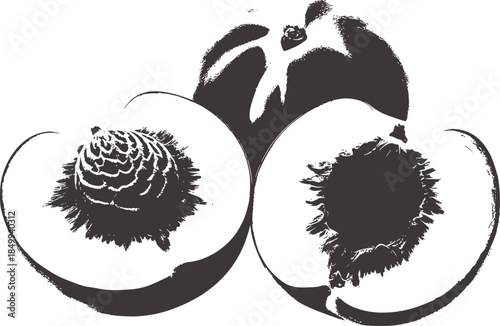 Black and white monochrome of halved peaches with detailed pits