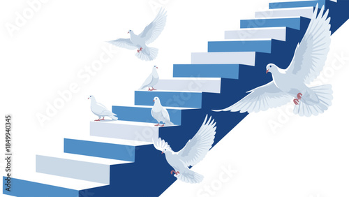 White doves ascend a staircase symbolizing hope, peace, and spiritual growth, representing a journey towards enlightenment and freedom.