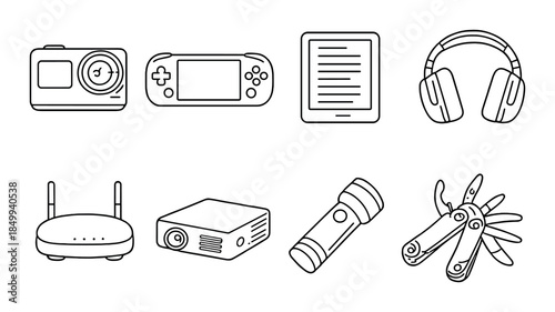 Gadget icons: camera, gaming, tablet, headphones, router, projector, flashlight, multitool