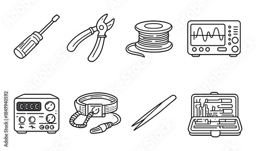 Electronics tools and equipment: screwdriver, cutters, wire, oscilloscope, power supply, tweezers, toolkit