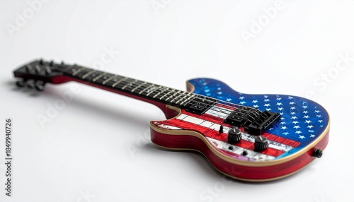 Miniature electric guitar painted with American flag design, featuring stars, stripes, and detailed components.
