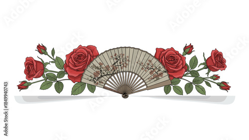 Elegant vintage hand fan is beautifully adorned with vibrant red roses and lush green foliage, creating a classic floral arrangement.