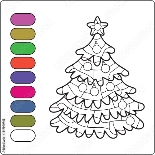 Color by number game activity book for kids, Cute christmas tree educational game for kindergarten children