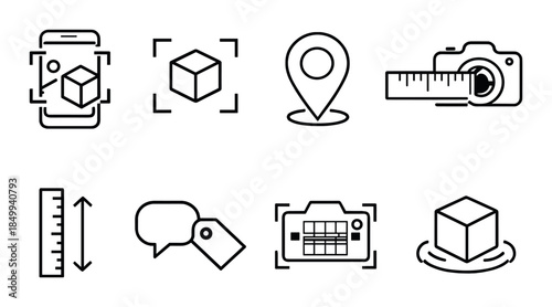 Augmented reality icons: mobile, camera, location, measurement, cube, communication