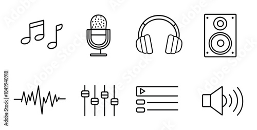 Music and audio icons set: notes, microphone, headphones, speaker, waveform, controls