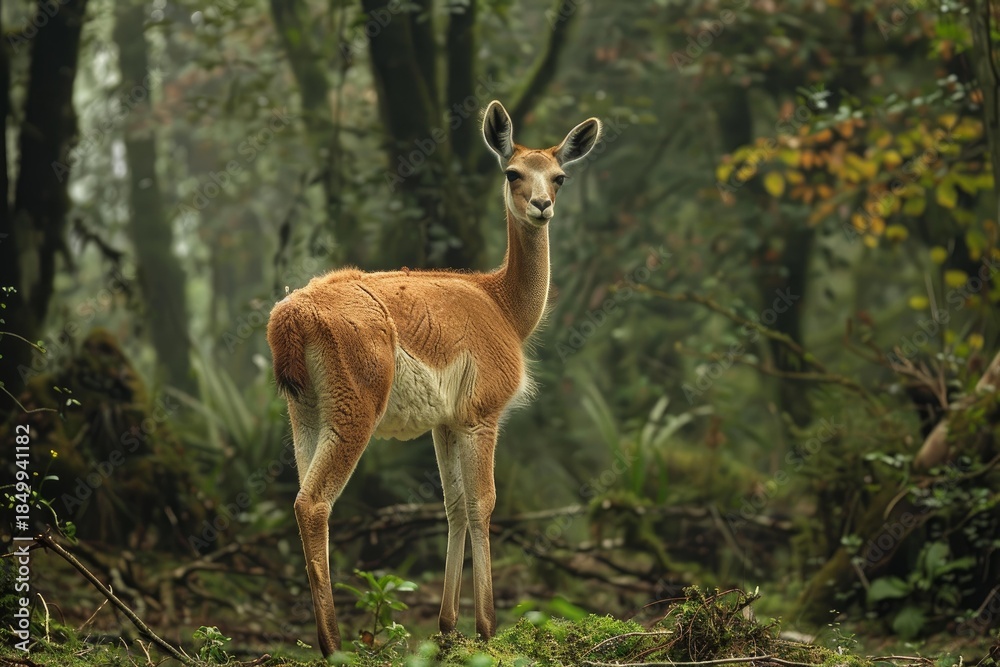 Fototapeta premium Taruca standing in a misty forest looking around