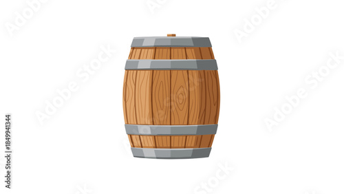 A classic wooden barrel with metal bands is depicted against a clean white background, showcasing its rustic charm and traditional design.