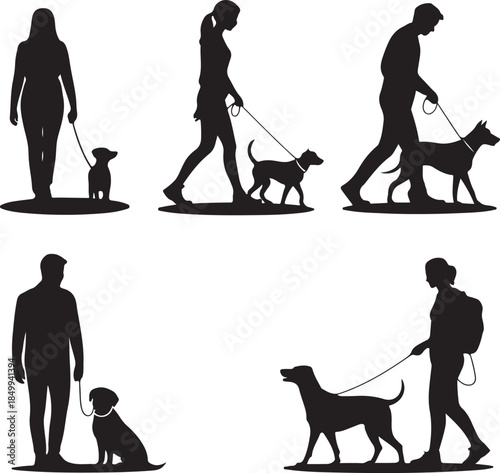 Dog Walking Silhouette Icon Set