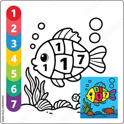 Color by number game activity book for kids, Cute fish educational game for kindergarten children