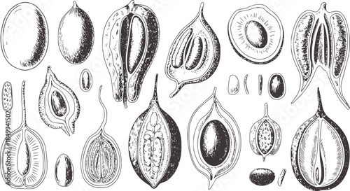 Detailed botanical seed pods and capsules line seeds