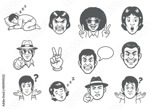 Monochrome Cartoon Expressions Set, Comic Faces Grid, Emotions and Reactions