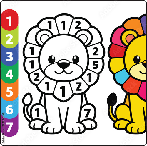 Color by number game activity book for kids, Cute lion educational game for kindergarten children