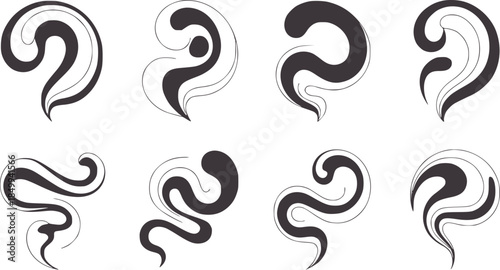 Eight decorative black and white swirls and curls set