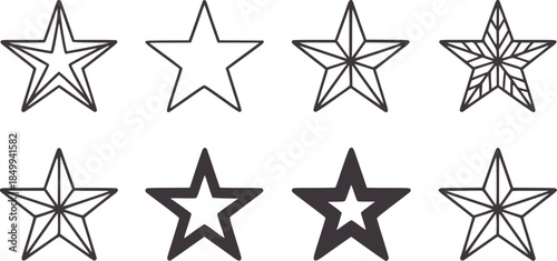 Eight geometric star shapes in outline and filled styles