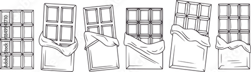 Five chocolate bars in various stages of unwrapping line