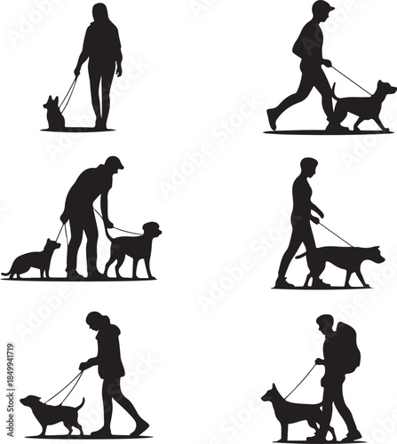 Dog Walking Silhouette Icon Set