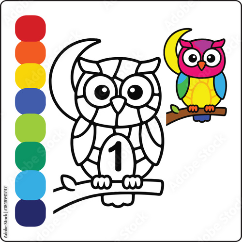 Color by number game activity book for kids, Cute owl educational game for kindergarten children