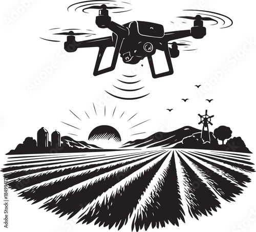 A silhouette of drone flying over field, aerial technology, vector art