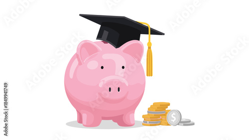 A cheerful pink piggy bank wearing a graduation cap symbolizes saving for future education expenses and financial goals.