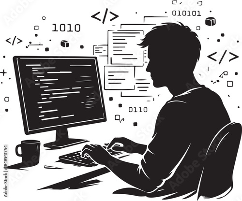 A silhouette of programmer typing at desk, coding scene, black on white