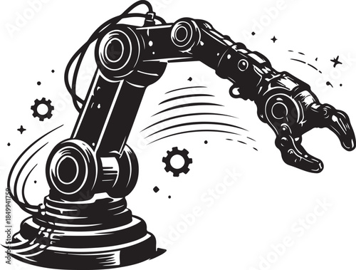 A silhouette of robotic arm in motion, industrial automation, minimal vector
